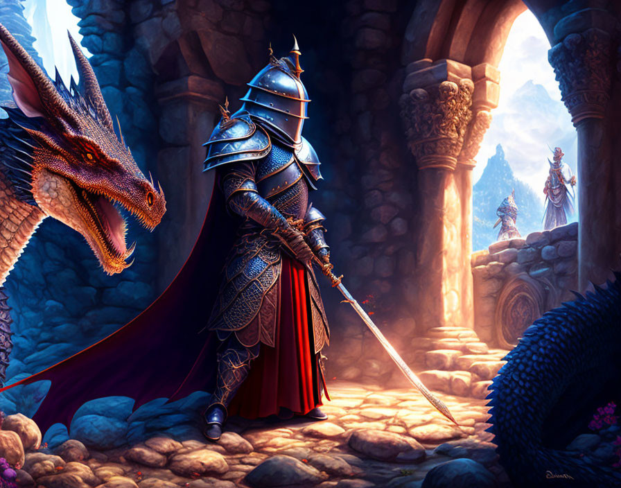 Knight in ornate armor faces dragon in stone archway with magical landscape.