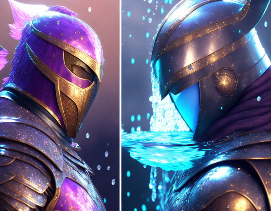 Split image of purple and blue ornate knights in helmets with glowing particles background.