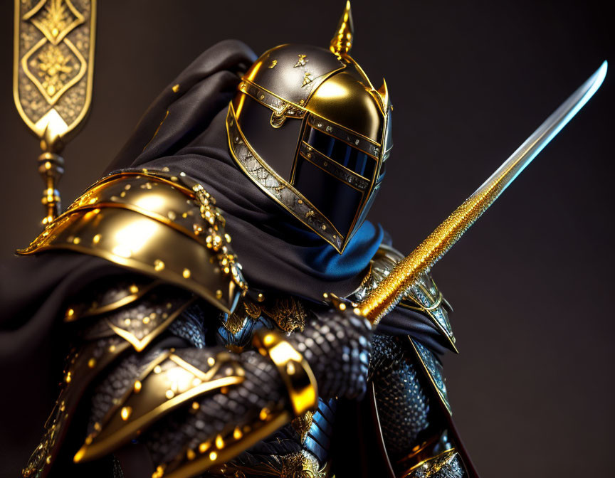 Golden armored knight with sword and shield on dark background