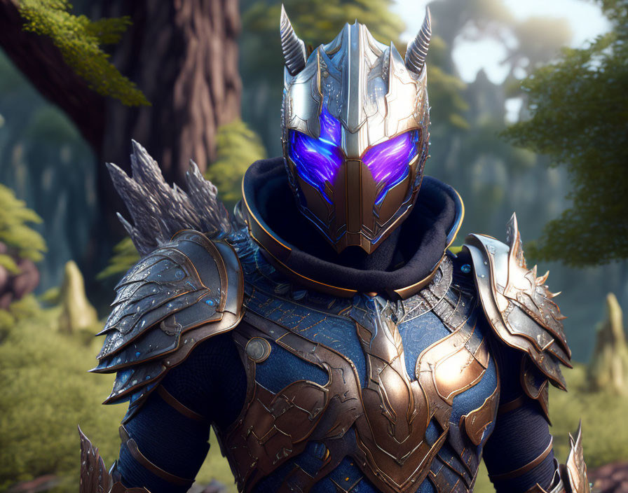 Fantasy character in ornate armor with glowing blue eyes in lush forest.