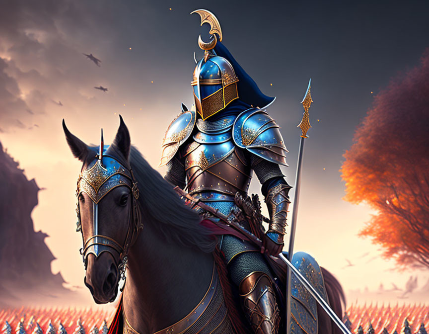 Armored knight on horse surveys battlefield with dramatic sky and soldiers.