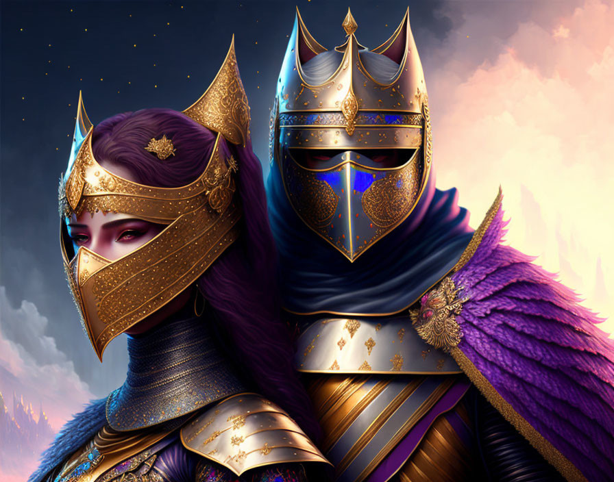 Golden-armored knights with purple-haired face and helmet under twilight sky