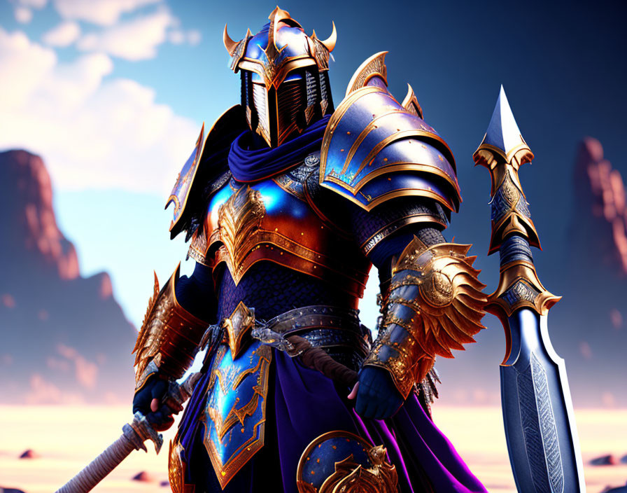 Knight in Blue and Gold Armor with Sword and Spear in Desert Scene