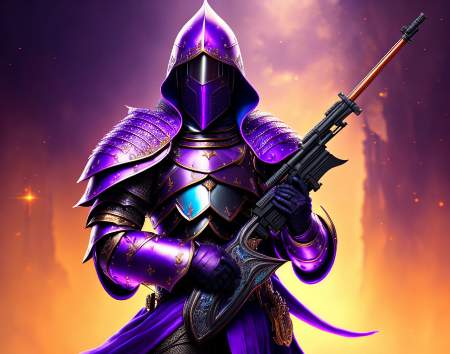 Purple-armored knight with rifle and shield under fiery sky