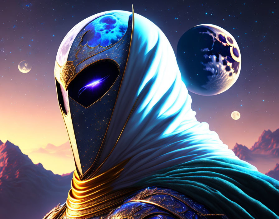 Alien figure with golden and blue helmet against surreal landscape