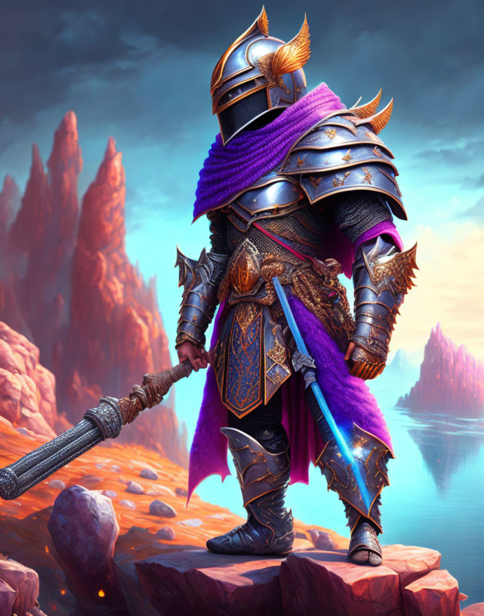 Knight in ornate armor with glowing sword at mystical lake.