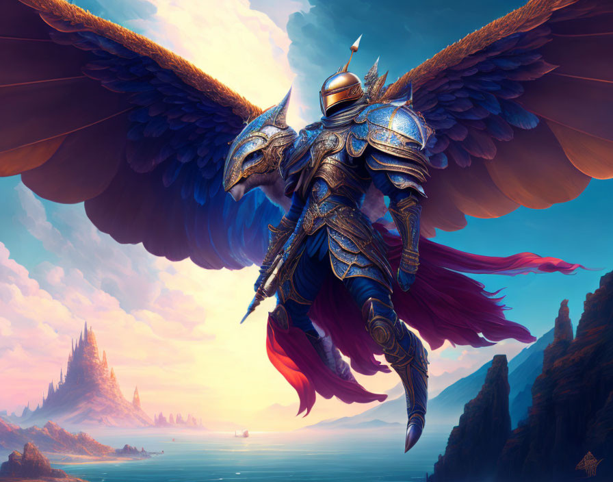 Winged knight in ornate armor flying over purple and orange landscape