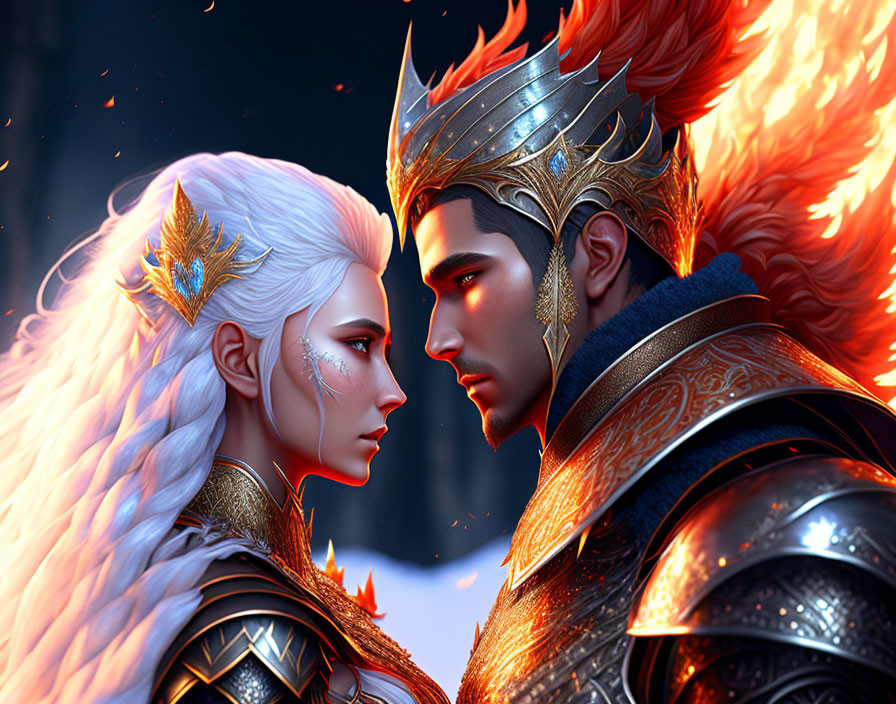 Regal characters with ice and fire elemental themes in elaborate attire