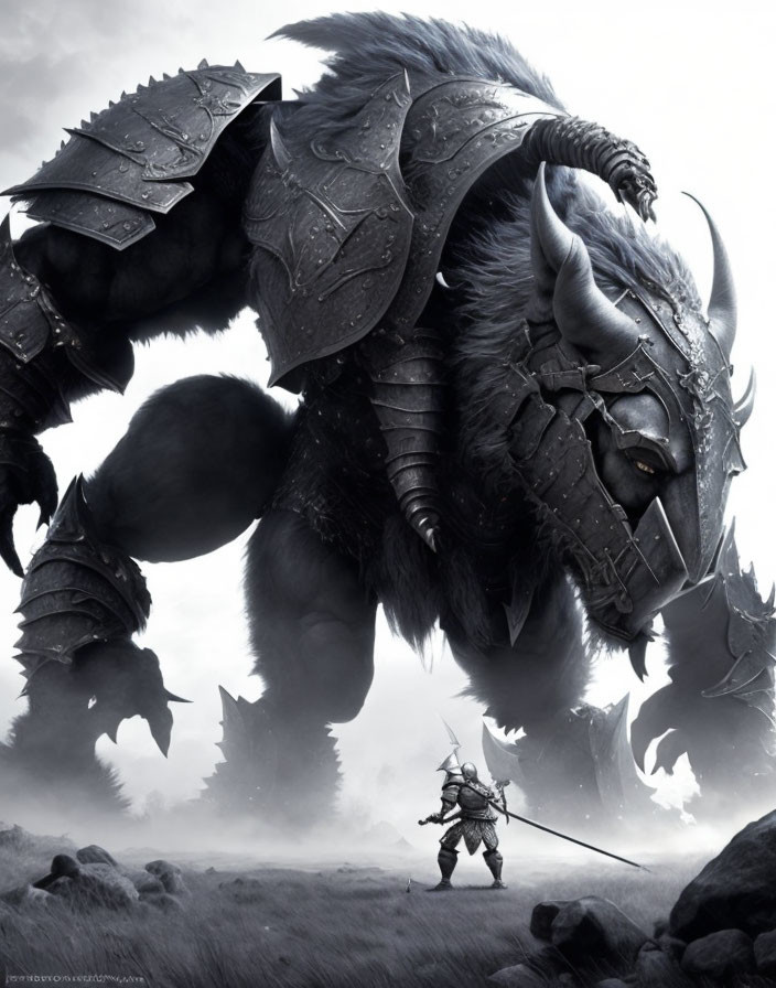 Monochromatic fantasy art: horned beast in armor towers over armed knight in misty landscape