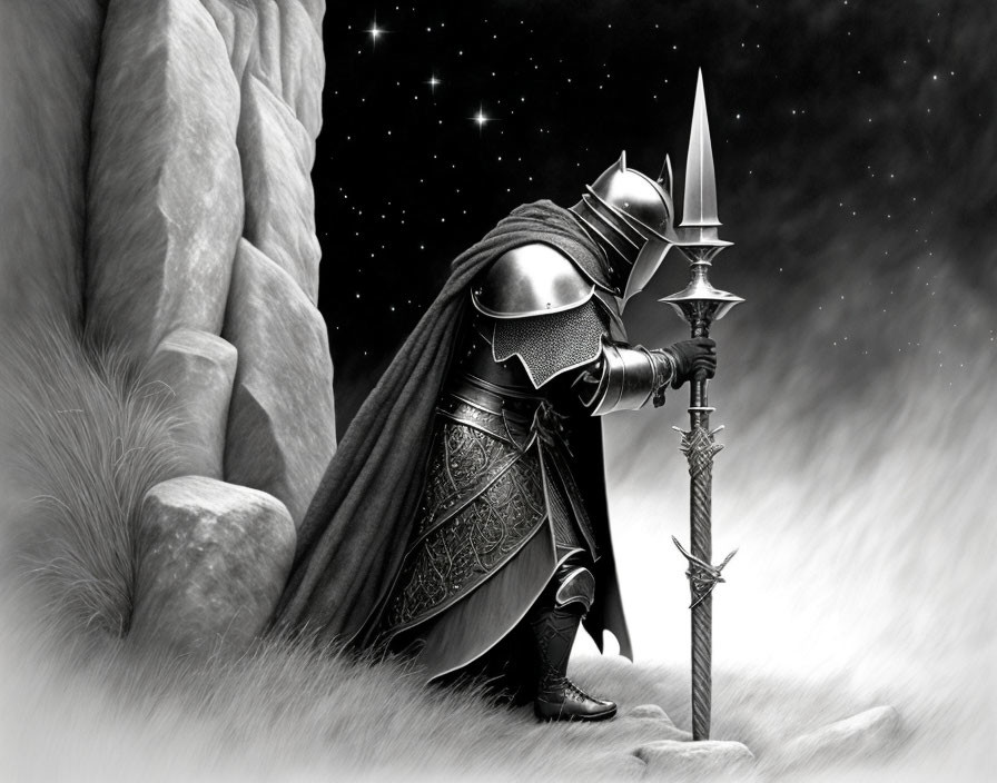 Knight in ornate armor kneeling by spear under starry sky and rocky outcrop.