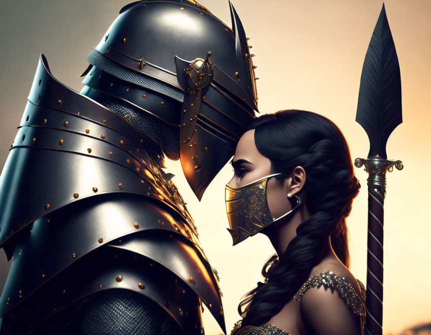 Knight in full armor and woman with mask against moody backdrop with spear visible