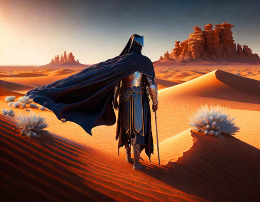 Cloaked figure in armor in desert at sunset with sand dunes