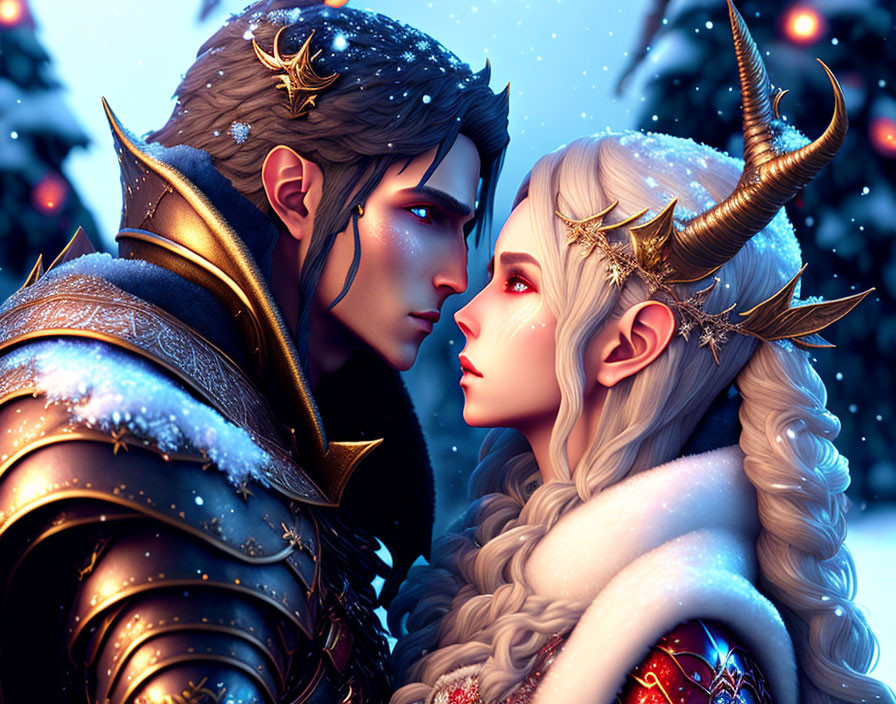 Fantasy characters in elaborate attire in romantic snowy scene