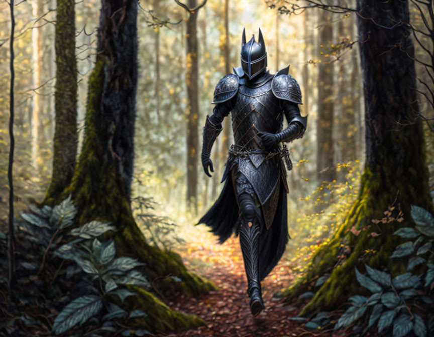 Armored knight strolling in sunlit forest