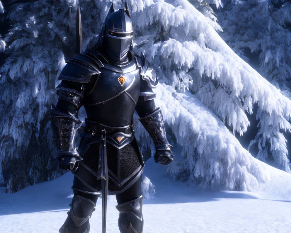 Black-armored knight with sword in snowy pine forest.