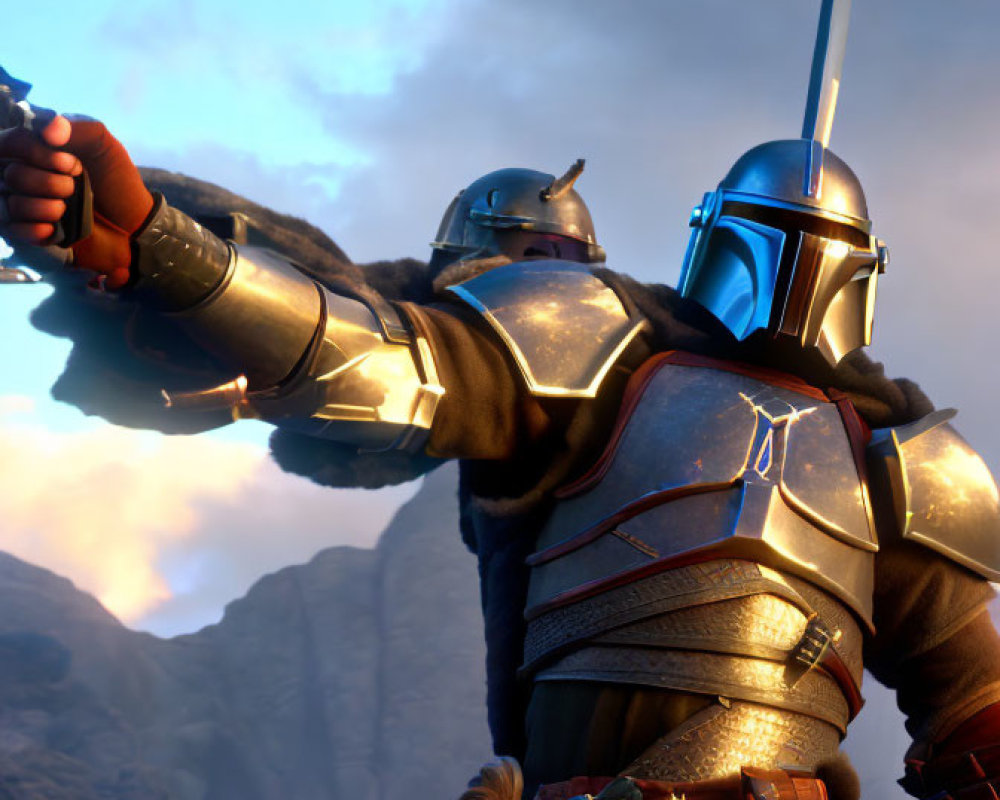 Futuristic armored warrior with blue helmet holding spear against rocky cliffs and cloudy sky