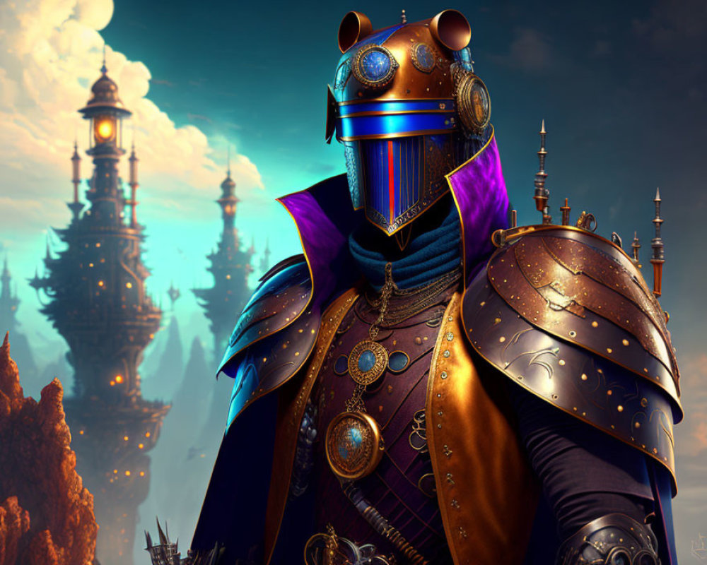 Stylized knight in golden armor before fantastical castle