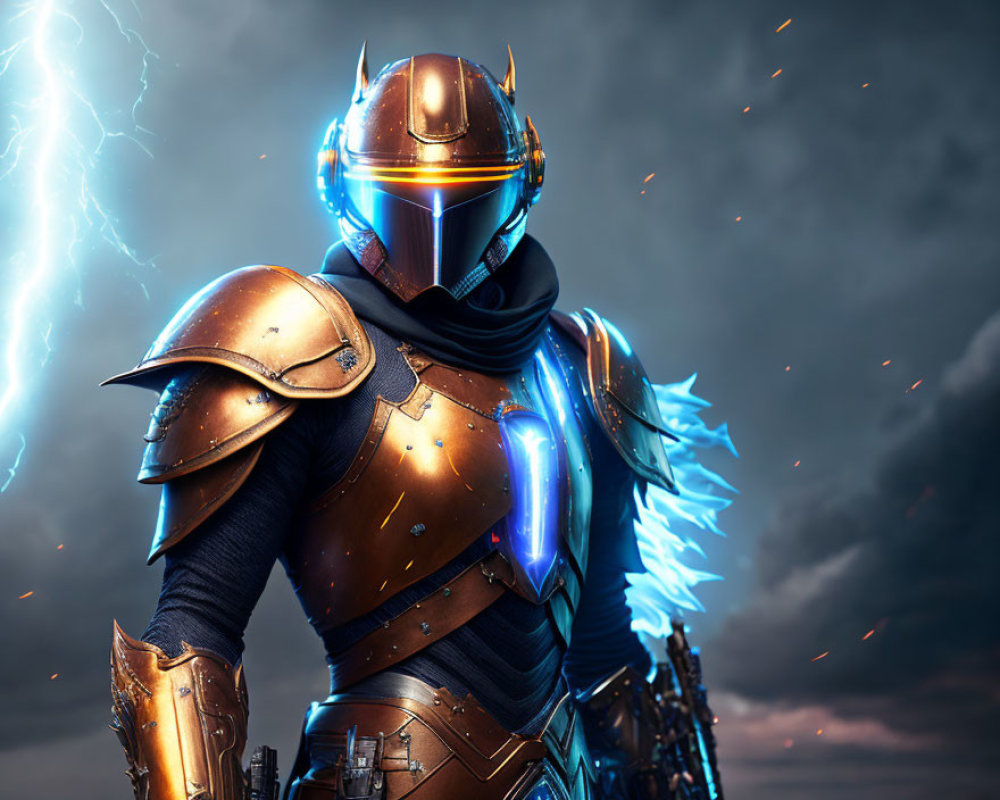 Futuristic knight in blue and orange armor under stormy sky