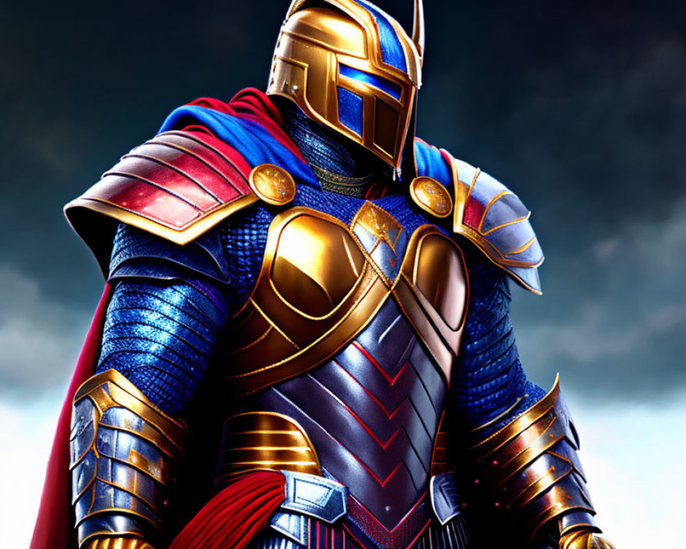 Detailed armored superhero in metallic helmet, red cape, and blue armor against stormy sky.