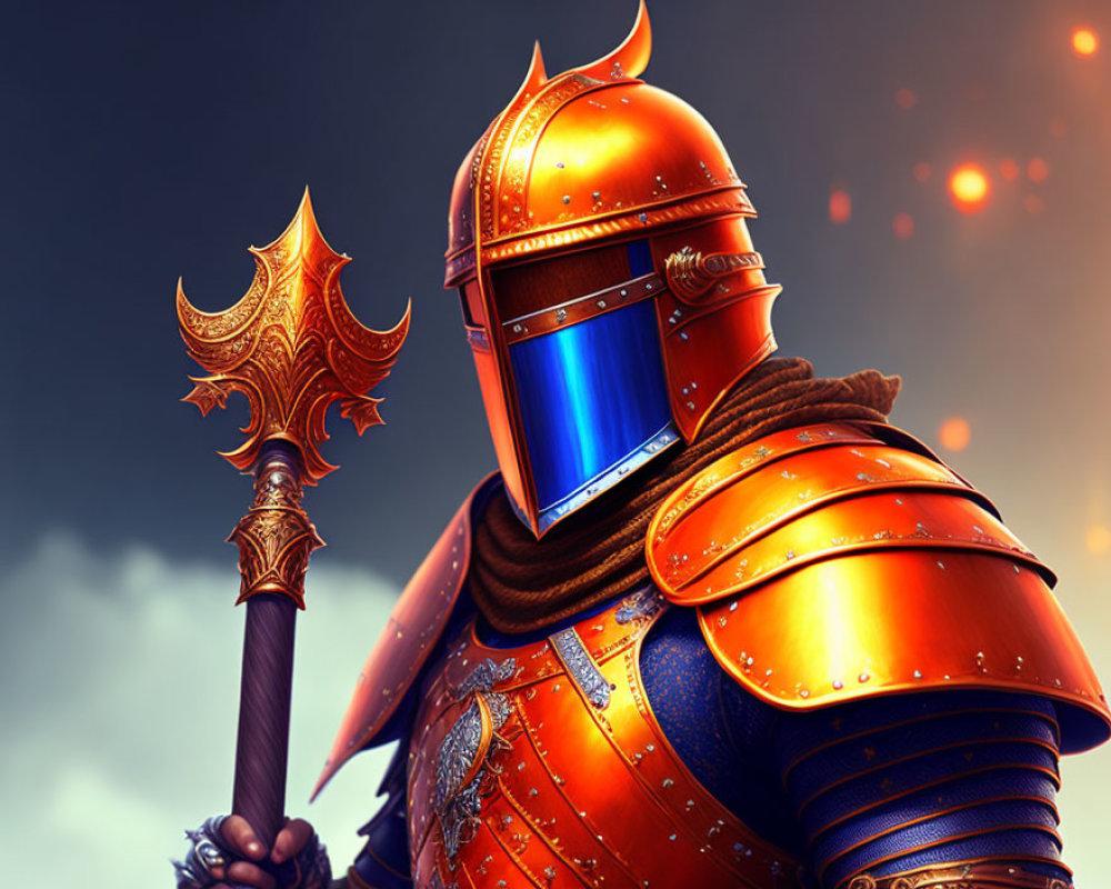 Knight in Orange Armor with Blue Visor and Elaborate Axe in Fiery Background