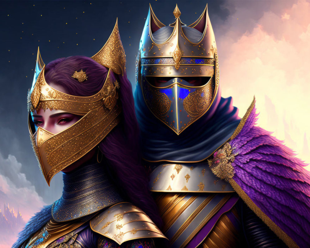 Golden-armored knights with purple-haired face and helmet under twilight sky