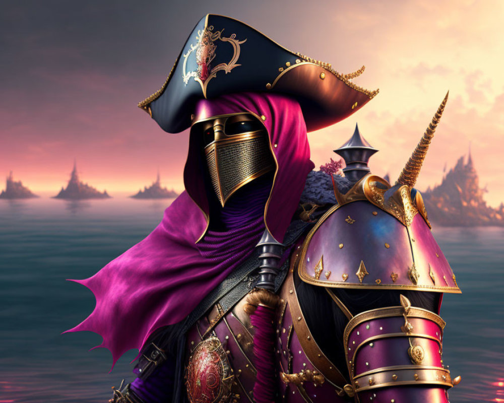 Knight in purple cloak and armor with visored helmet and sword by the sea.