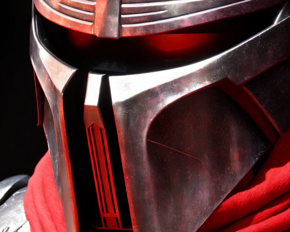 Weathered sci-fi helmet and red scarf on person in close-up shot