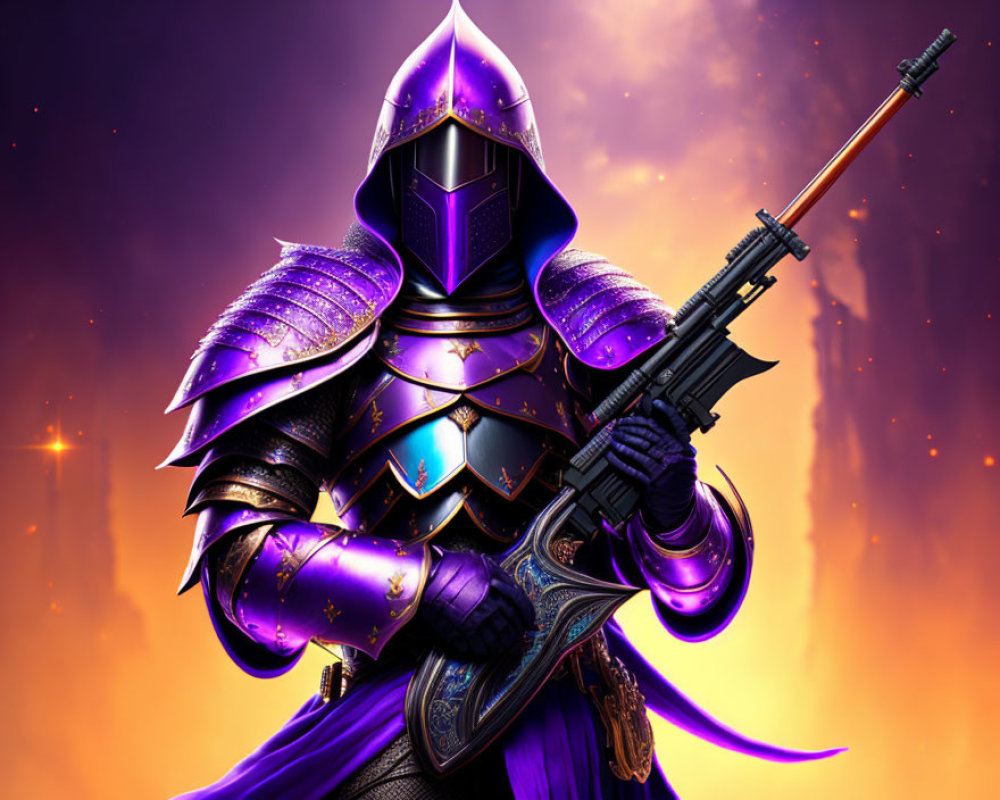 Purple-armored knight with rifle and shield under fiery sky