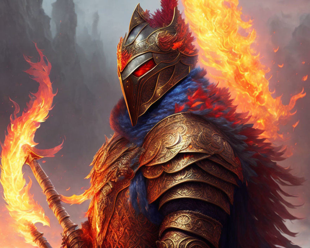 Armored knight with plumed helmet and flaming sword in fiery aura on smoky background