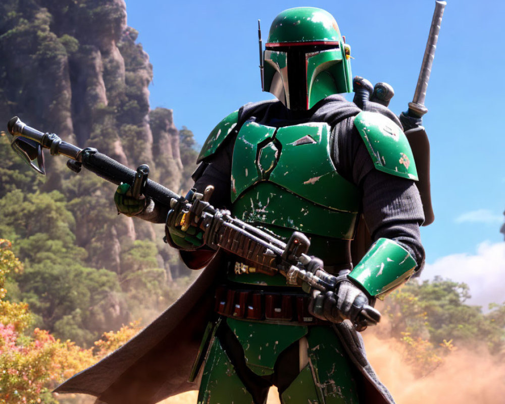 Person in Mandalorian armor with blaster in rocky terrain