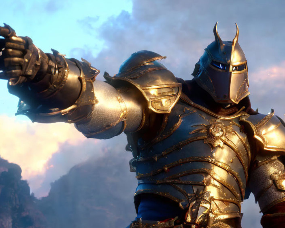 Knight in Blue and Silver Armor Against Dramatic Cliffs and Illuminated Sky