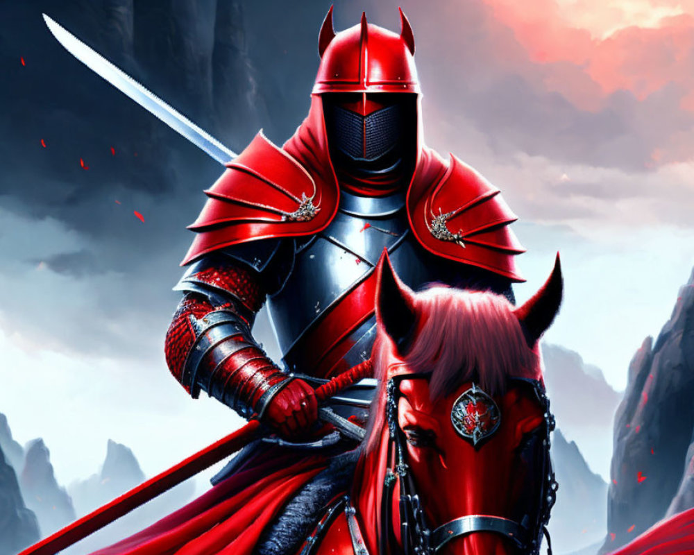 Medieval knight in red armor on horse with sword under dramatic sky