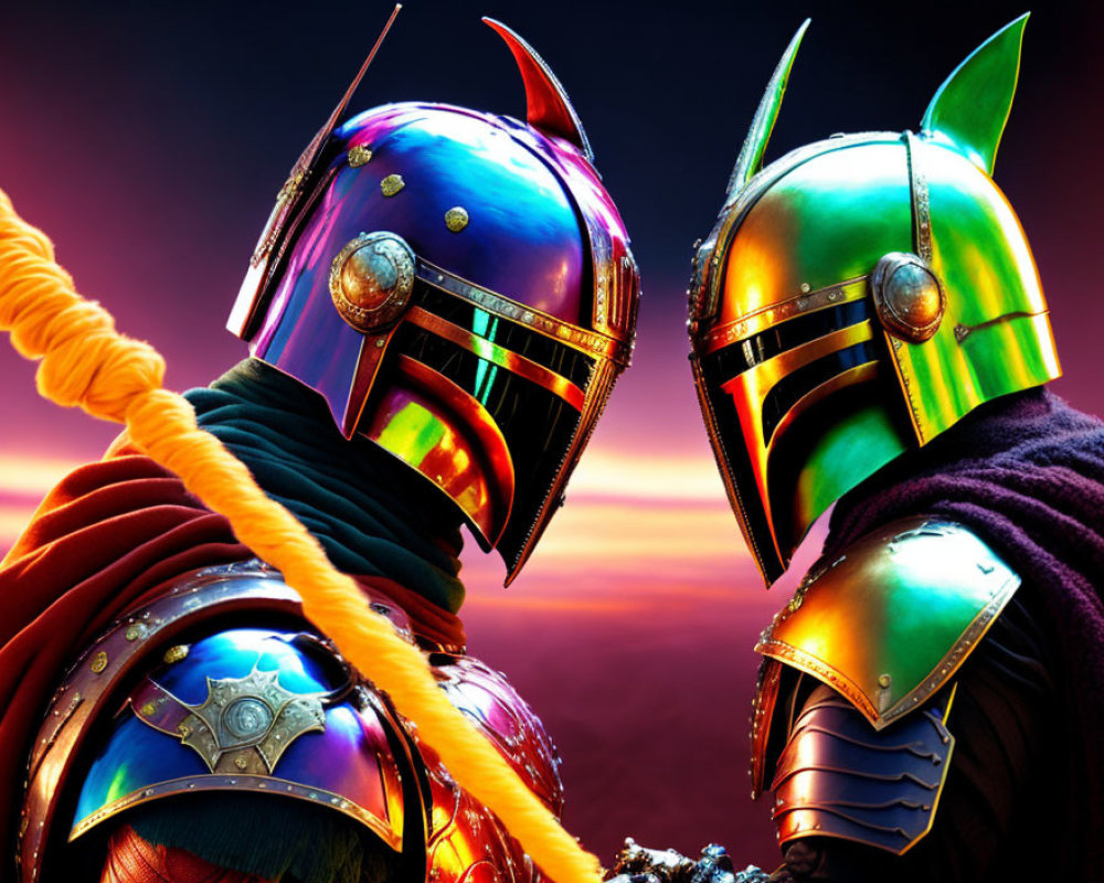 Two Mandalorian armor-clad figures in a standoff under a dramatic sunset.