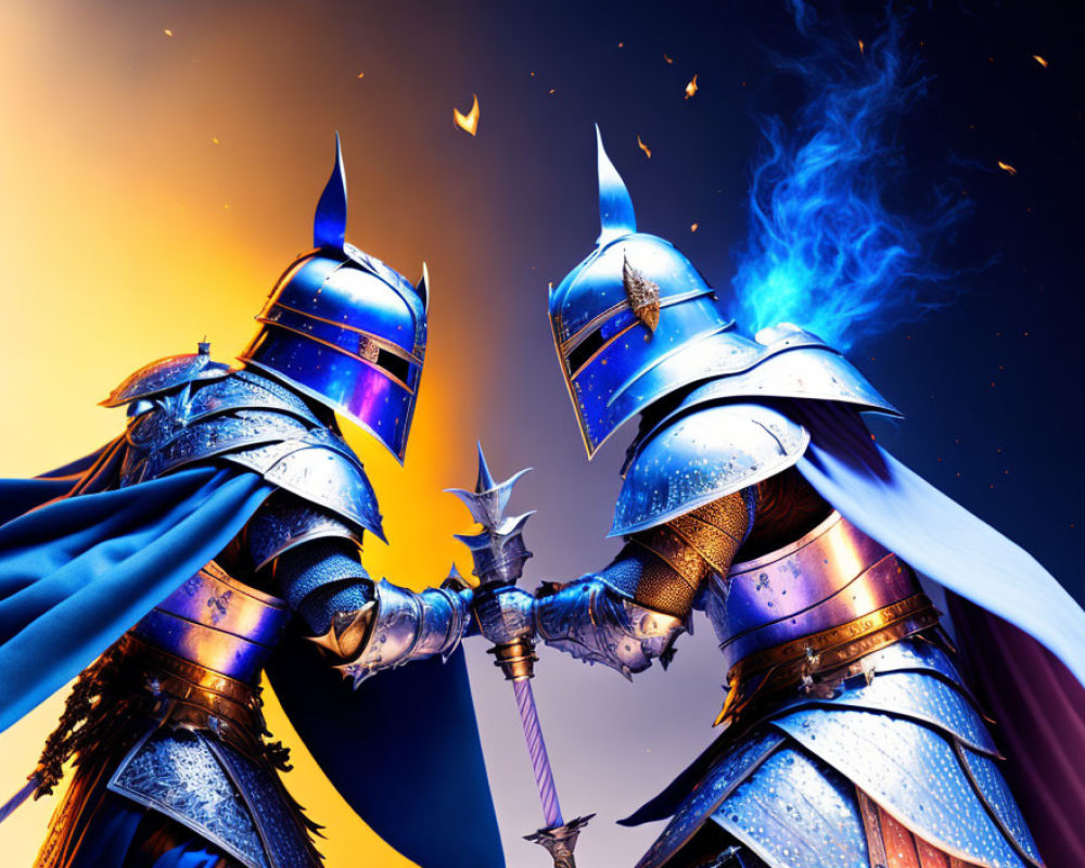 Knights in Blue Armor Clash Maces Under Dramatic Sky