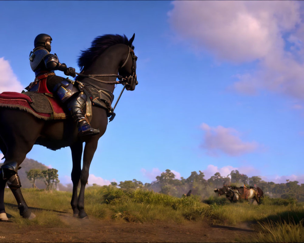 Armored knight on black horse in grassy plain under blue sky