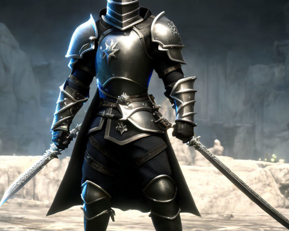 Armored knight with twin swords in cavernous setting