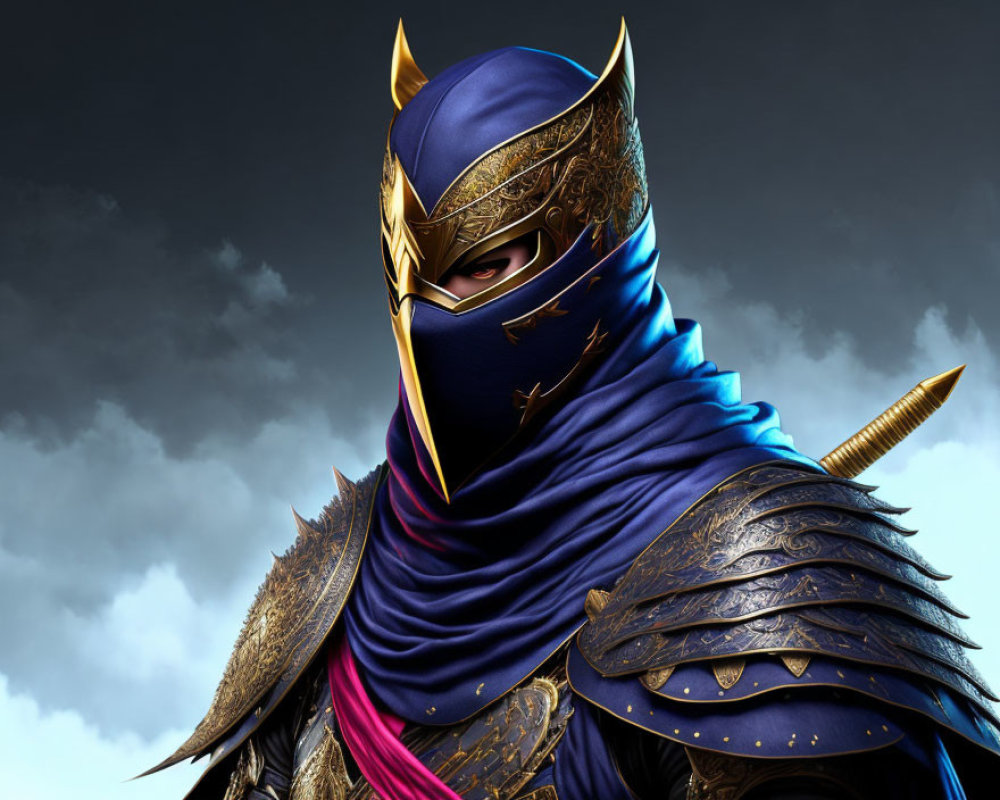 Detailed Illustration: Warrior in Blue & Gold Armor with Full-Face Mask on Stormy Sky