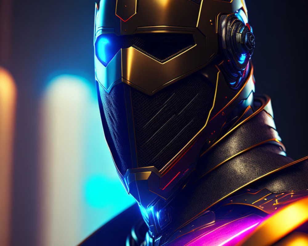 Futuristic armored helmet with glowing neon accents on blurred background