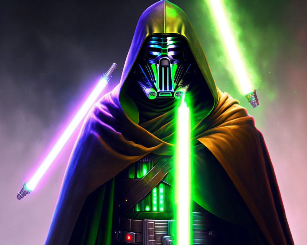 Cloaked Figure with Black Helmet Wielding Green and Purple Lightsabers in Cosmic Scene