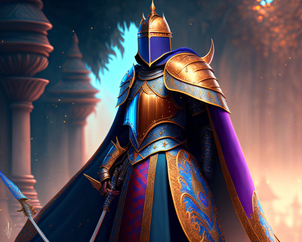 Armored knight in blue and gold plate armor with long sword in glowing forest.