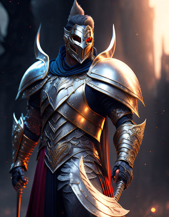 Knight in Silver Armor with Hawk Helmet in Dusky Setting