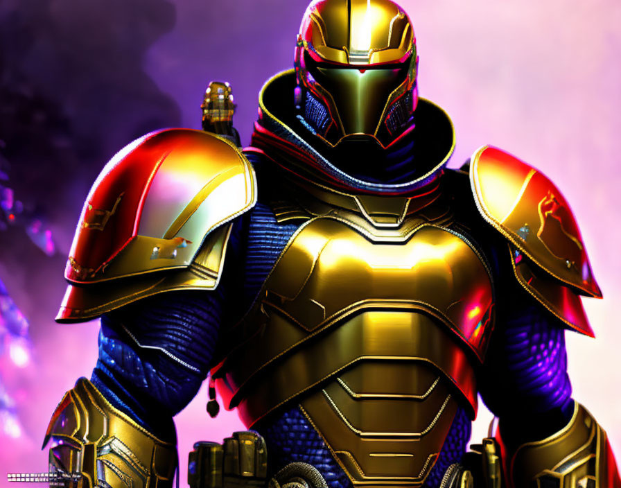 Detailed Armored Character in Golden and Blue Suit with Glowing Eyes Helmet on Purple Background