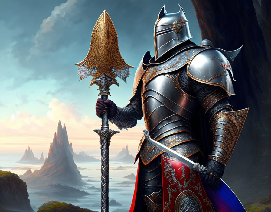 Knight in ornate armor with spear in fantastical landscape.