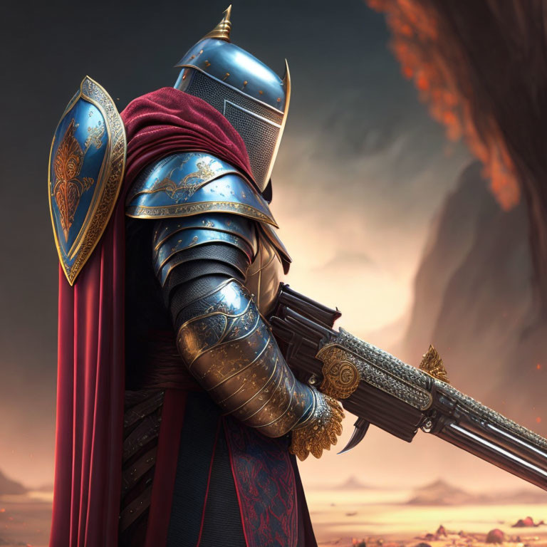 Knight in ornate armor with cape holding a rifle under dramatic sky.