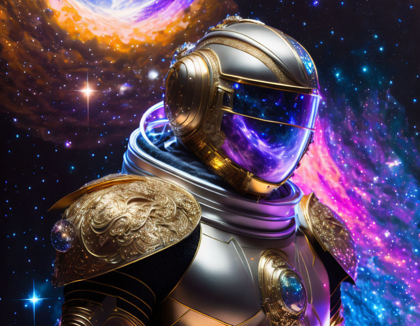 Cosmic scene: Astronaut in gold helmet and ornate armor amidst swirling galaxies