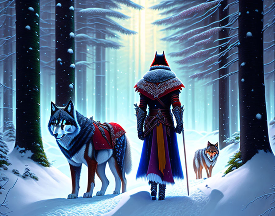 Cloaked figure with two wolves in snowy forest under ethereal light