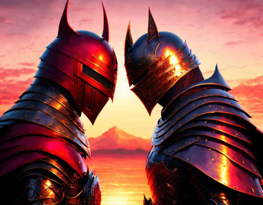 Medieval knights in horned helmets under fiery sky with volcano.