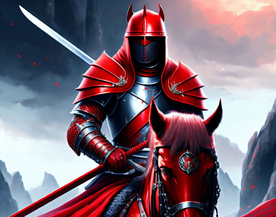 Medieval knight in red armor on horse with sword under dramatic sky