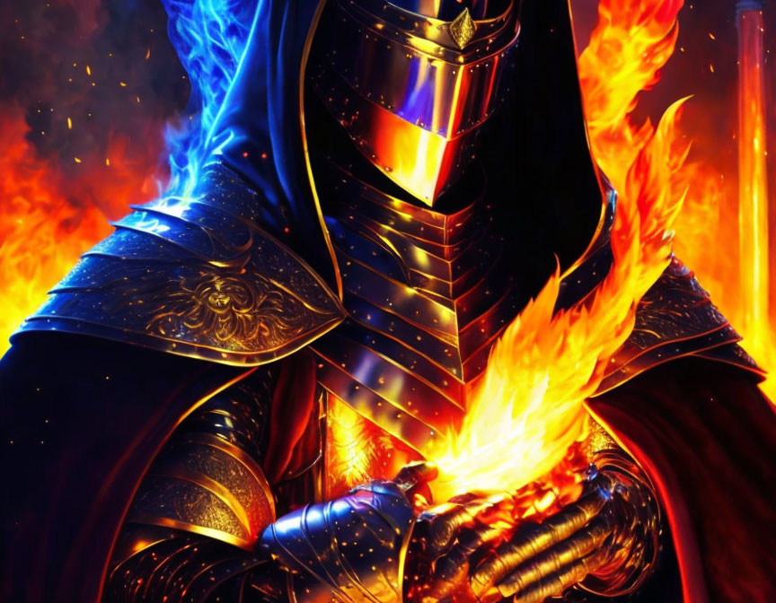 Armored knight casting fiery magic in dark setting