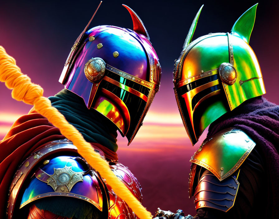 Two Mandalorian armor-clad figures in a standoff under a dramatic sunset.